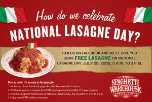 Spaghetti Warehouse Free Lasagne Coupon